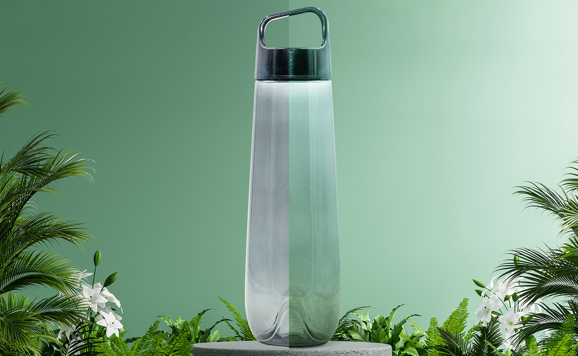 A before and after image of a water bottle on a stone pedestal surrounded by greenery.