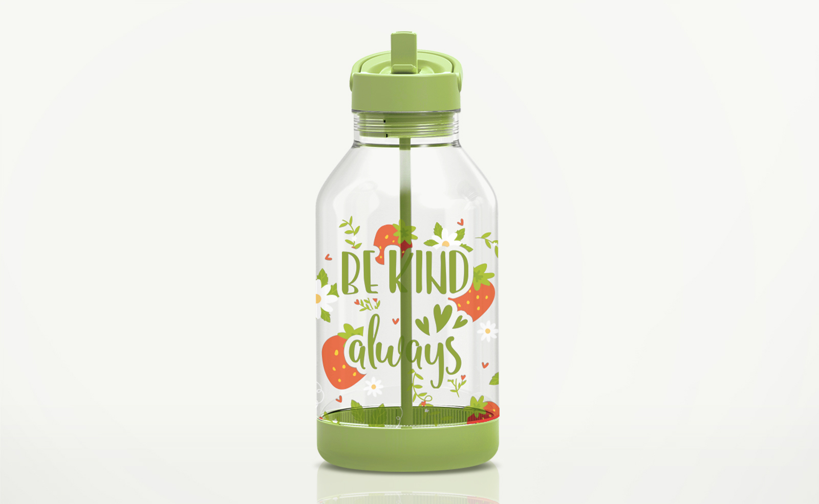 A clear water bottle with strawberries and flowers pattern and the message "Be kind always".