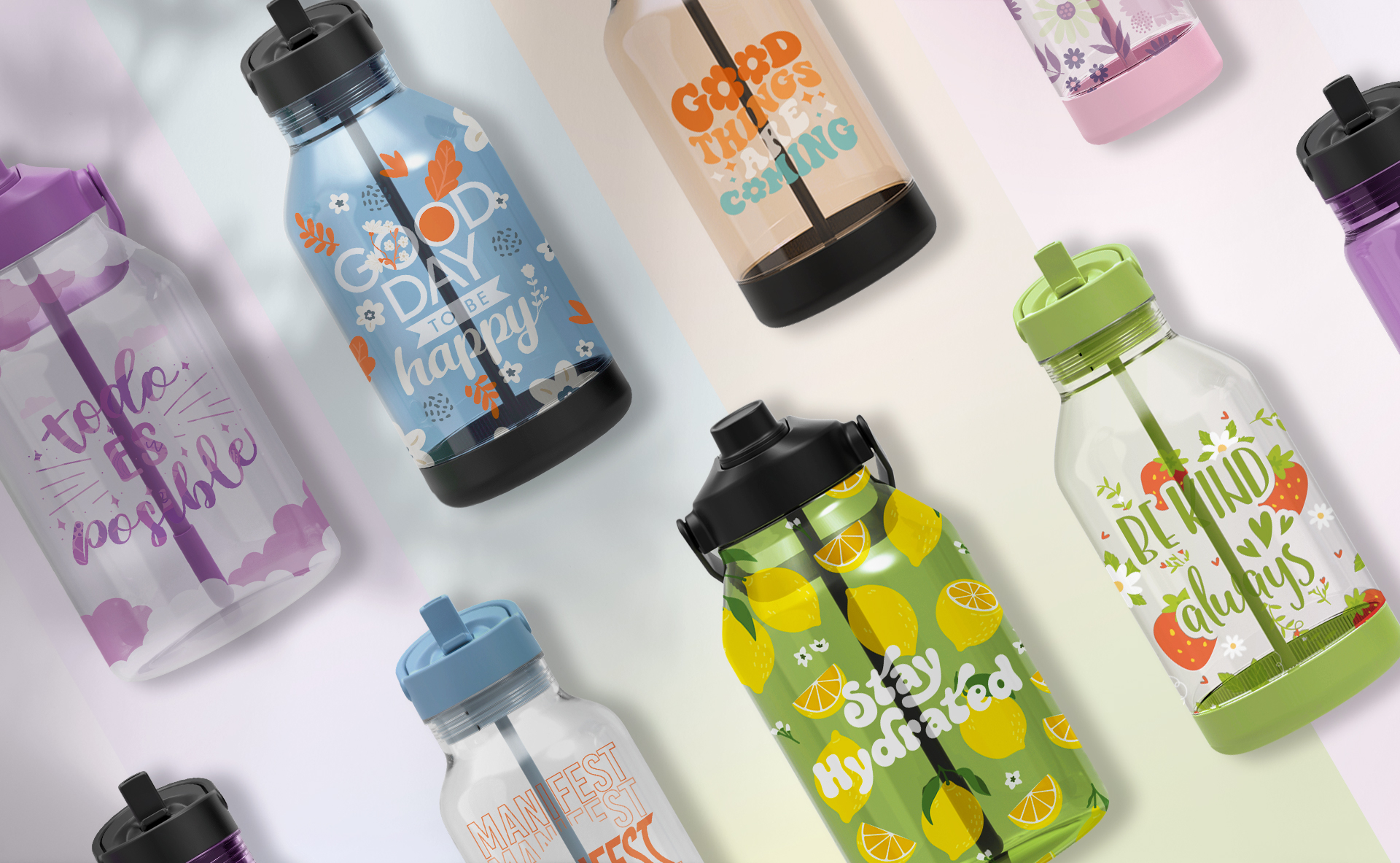 An assortment of patterned water bottles with unique designs and positive messages.