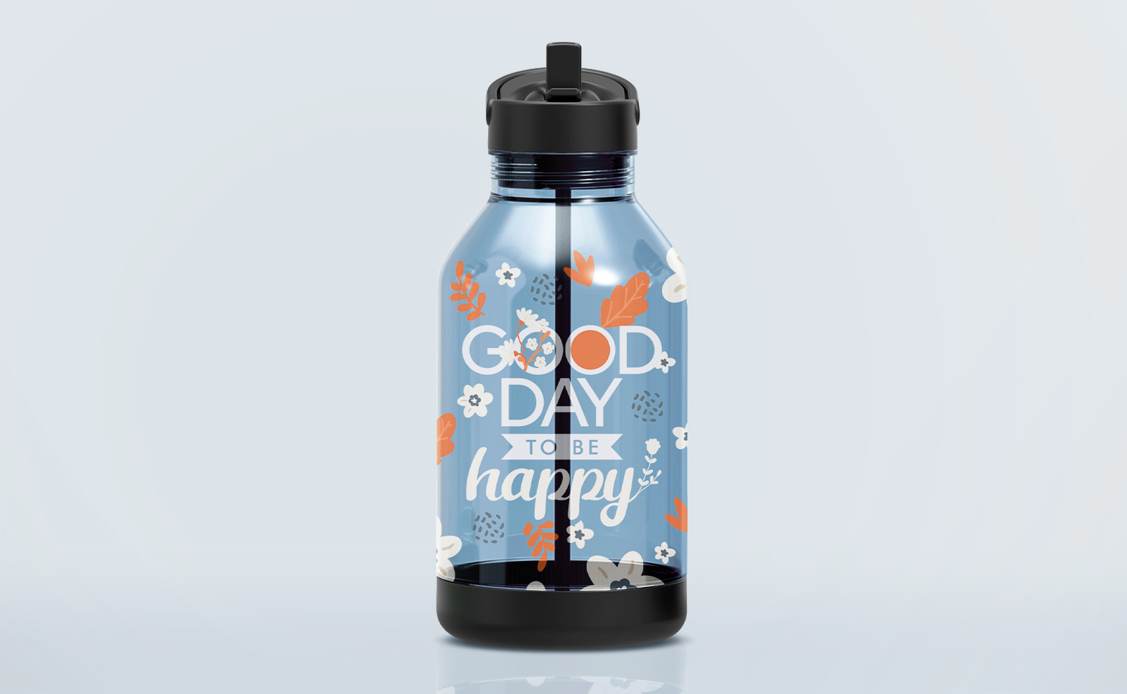 A blue water bottle with floral patterns and the message "Good day to be happy."