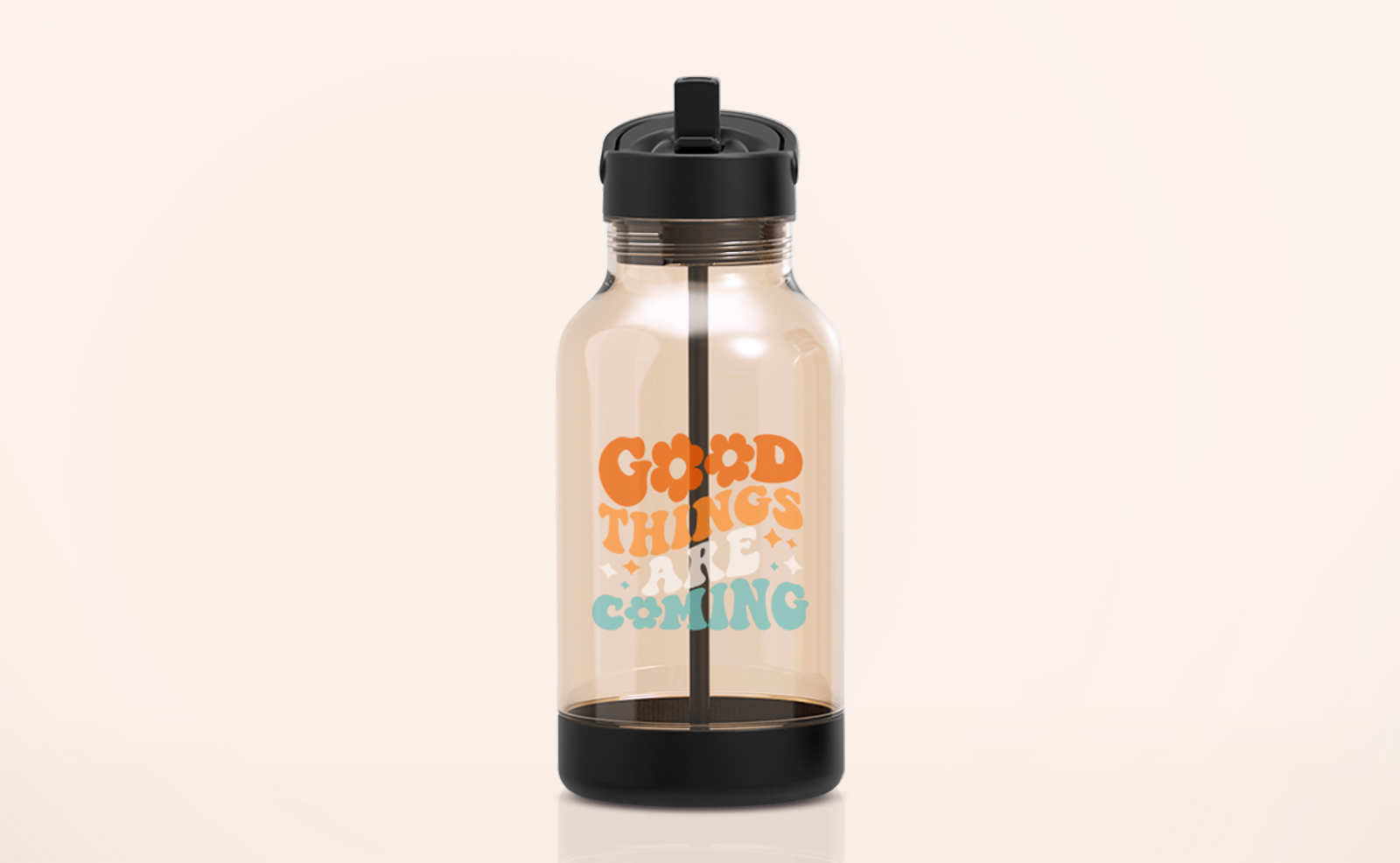 An orange water bottle with the message "Good things are coming".