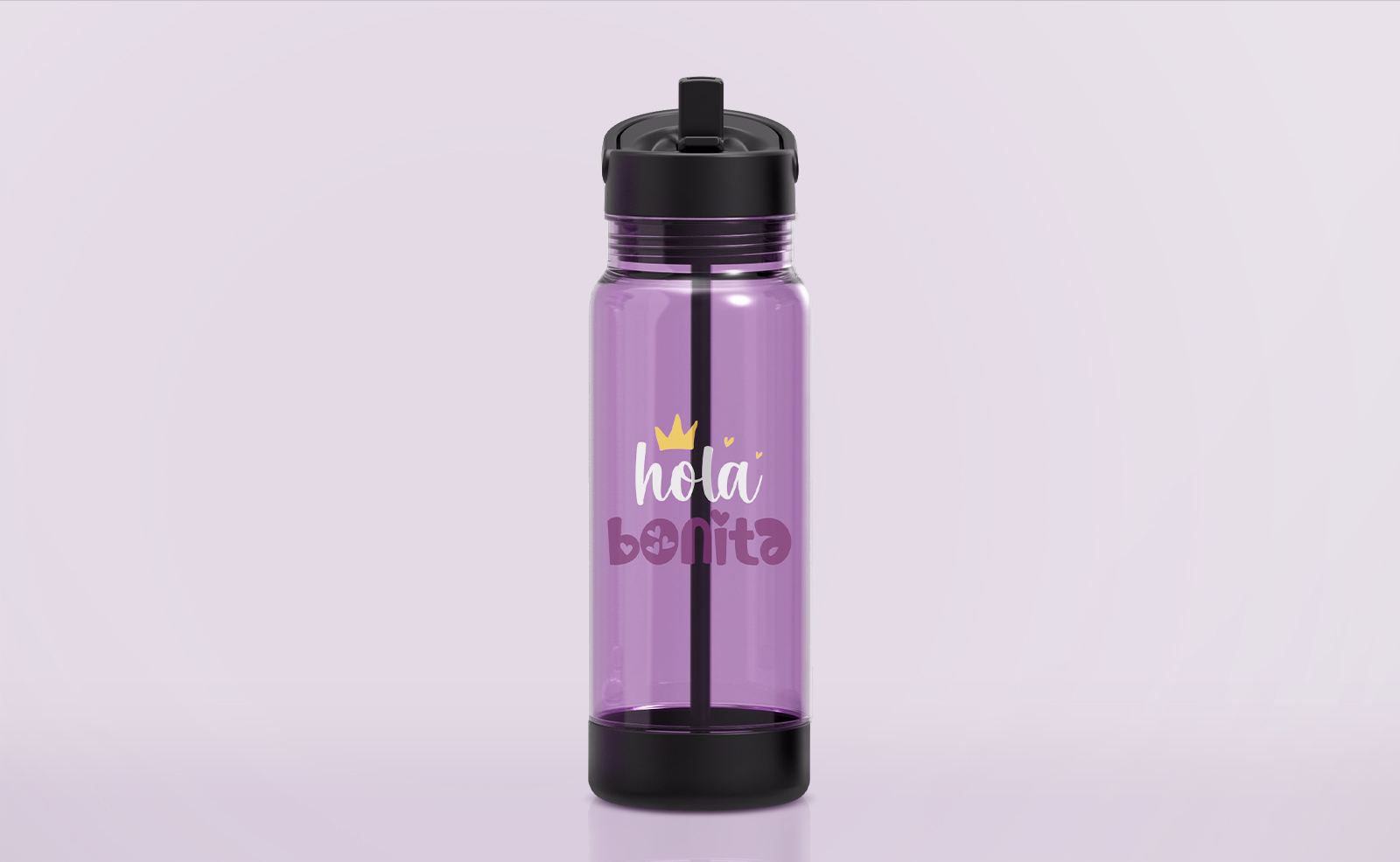 A purple water bottle with the message "Hola bonita".