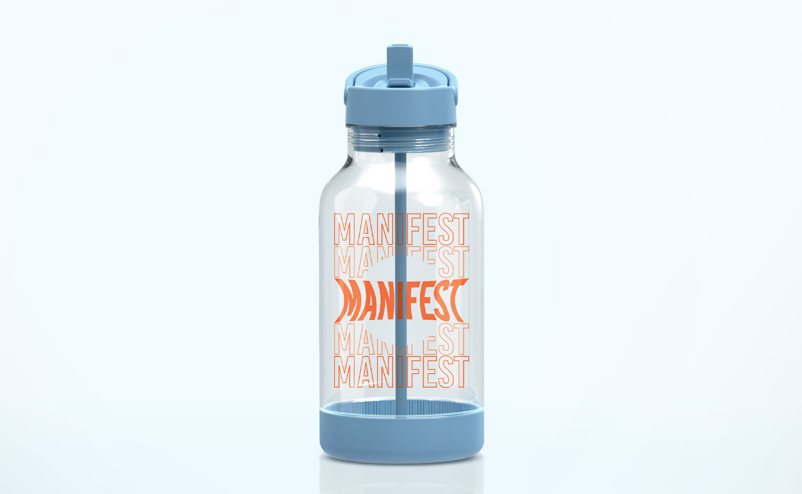 A clear water bottle with the repeated text "Manifest".