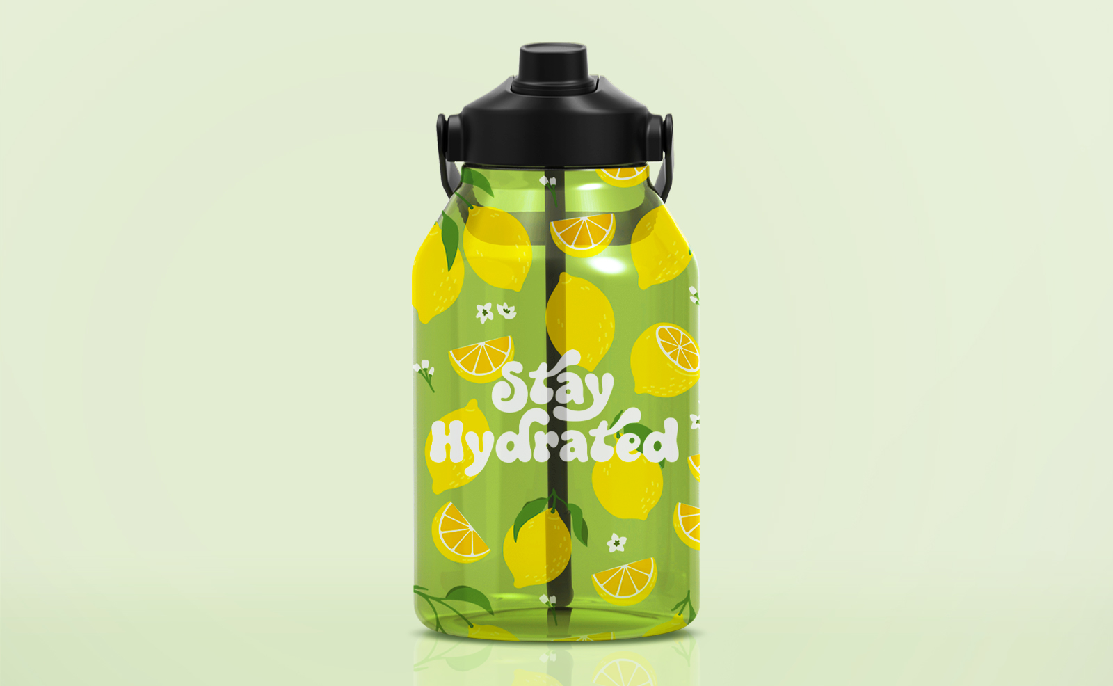 A green water bottle with a lemon pattern and the message "Stay hydrated".