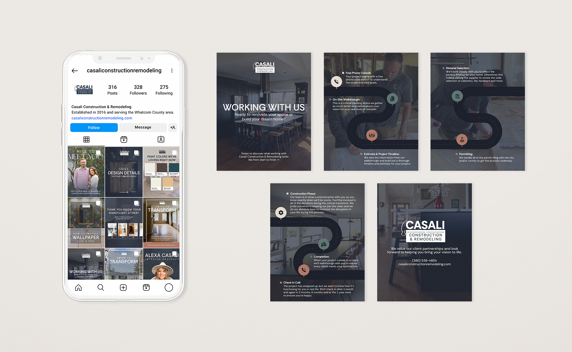 Casali's Instagram grid and carousel posts showing remodeling process and project highlights.