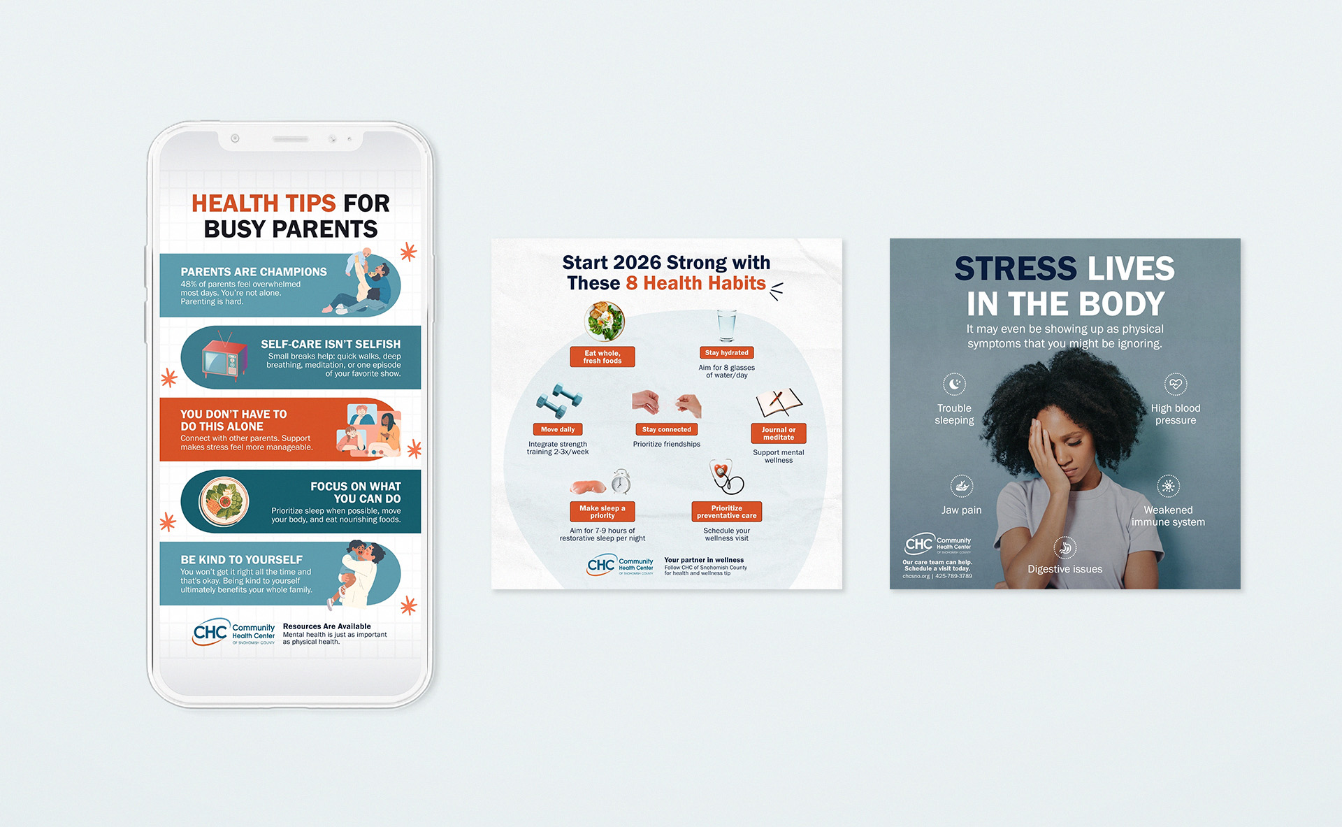 CHC health awareness ads with informational layouts and real-life imagery.