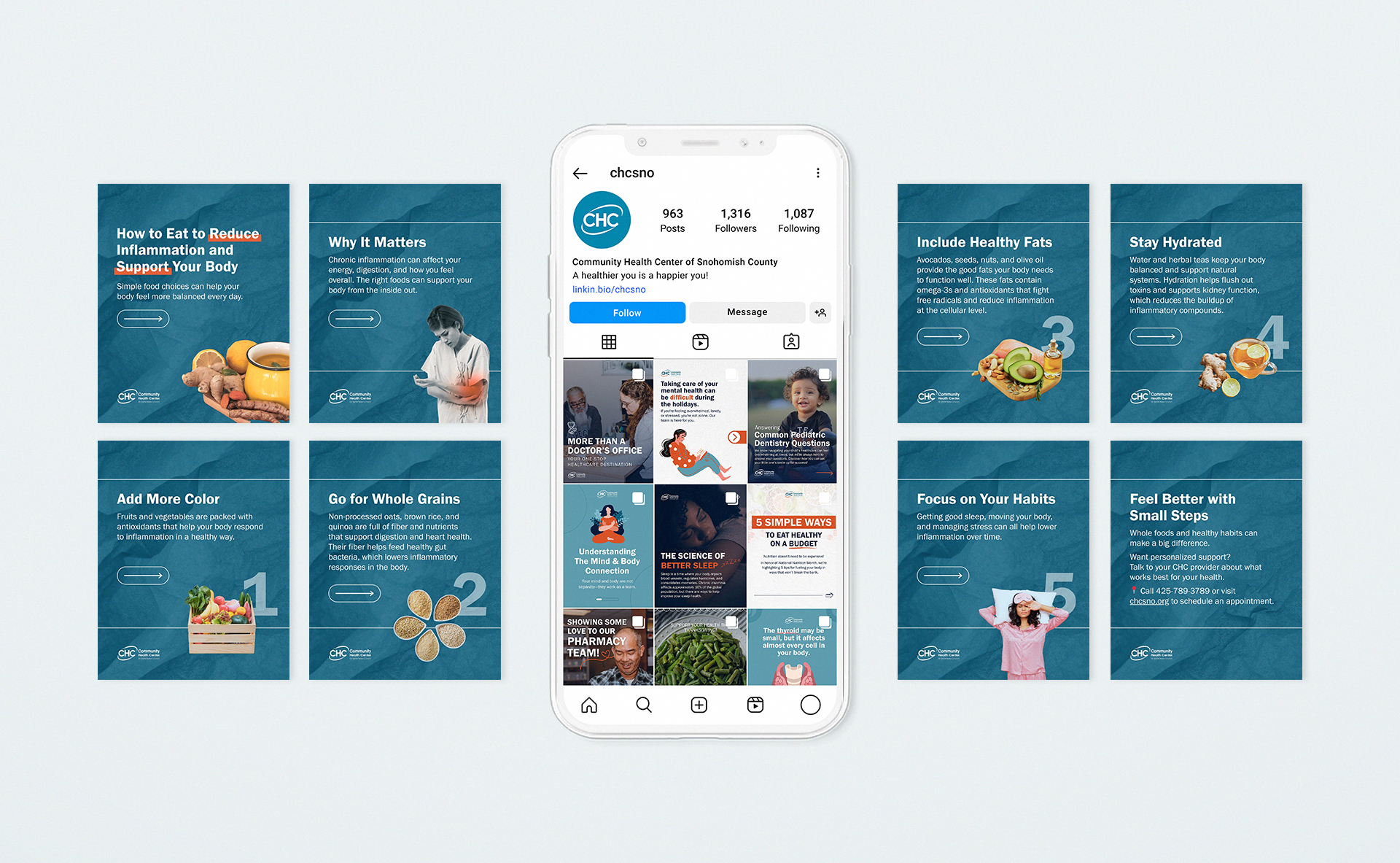 CHC Instagram grid and educational posts featuring health tips and lifestyle content.
