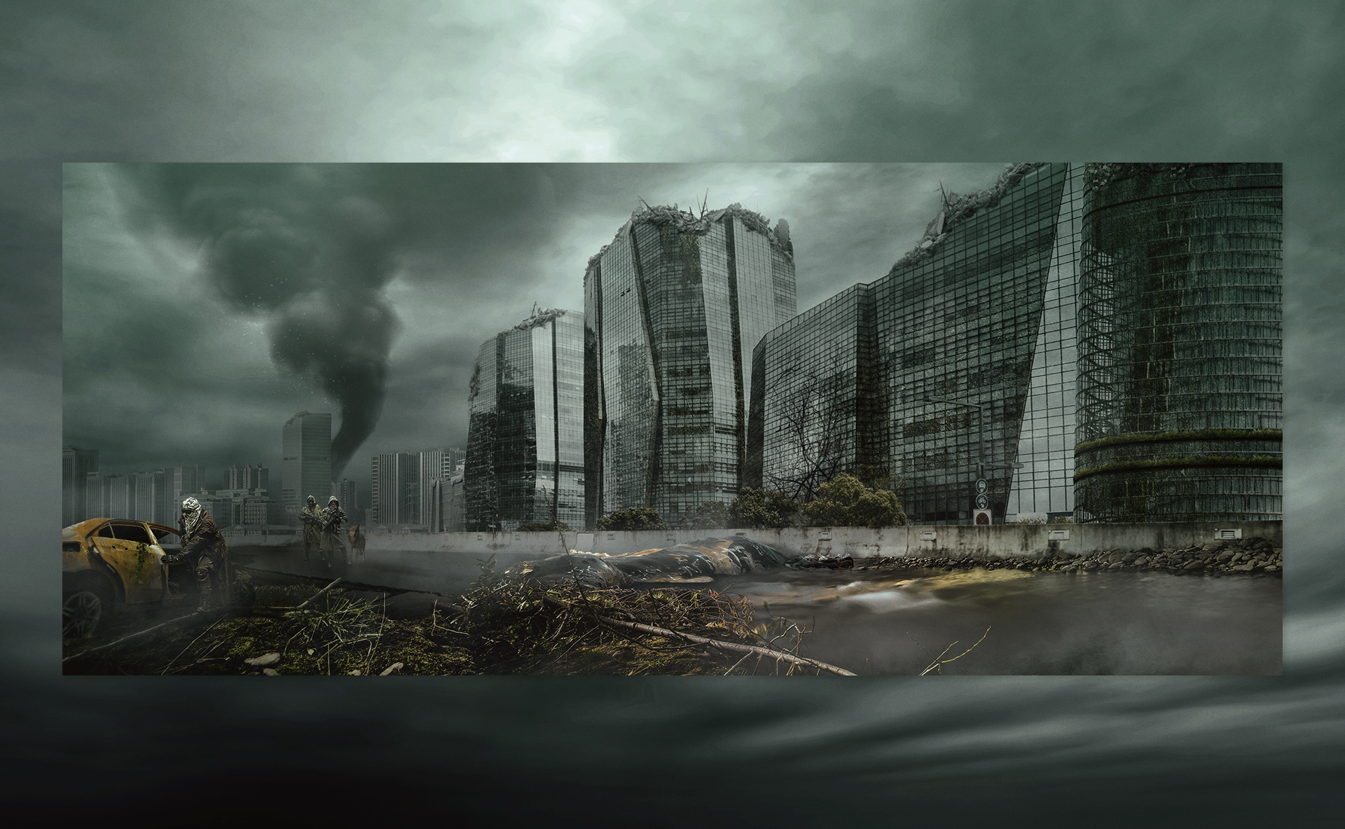 Panoramic dystopian city scene with destroyed buildings, pollution, and a bleak atmosphere.