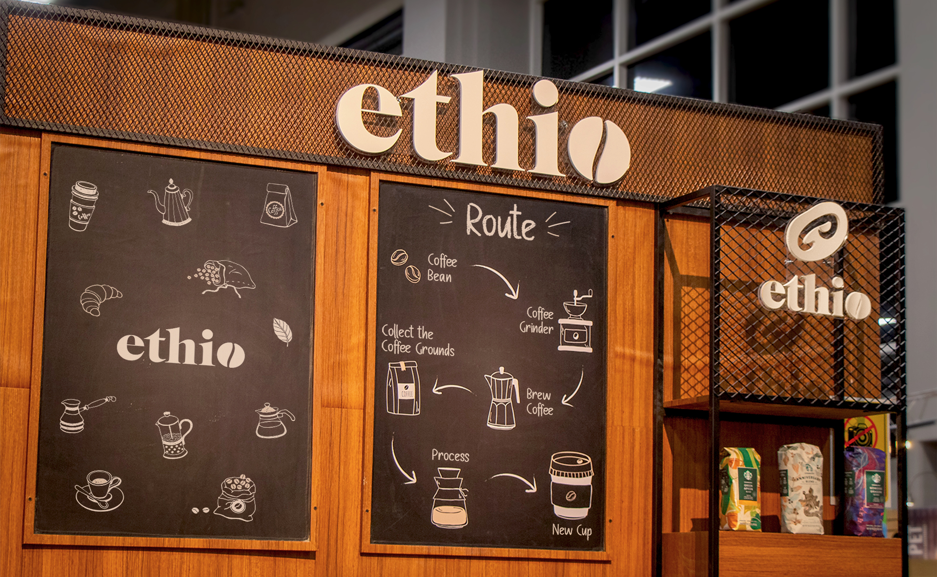 The front of an Ethio booth featuring the Ethio logo and coffee process diagrams.