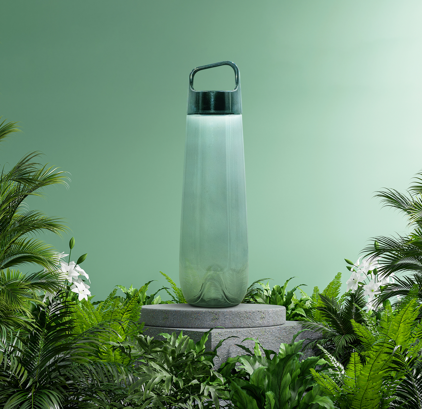 The after image of a water bottle on a stone pedestal surrounded by greenery.