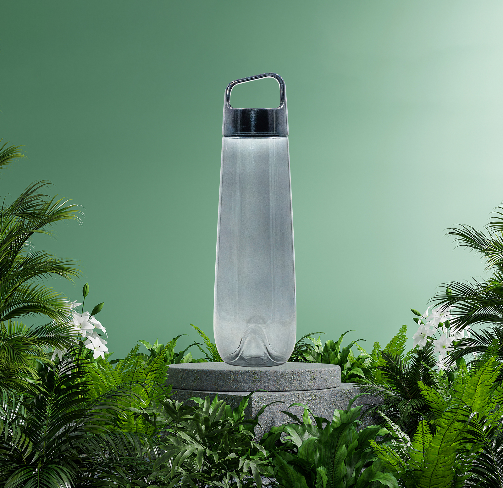 The before image of a water bottle on a stone pedestal surrounded by greenery.