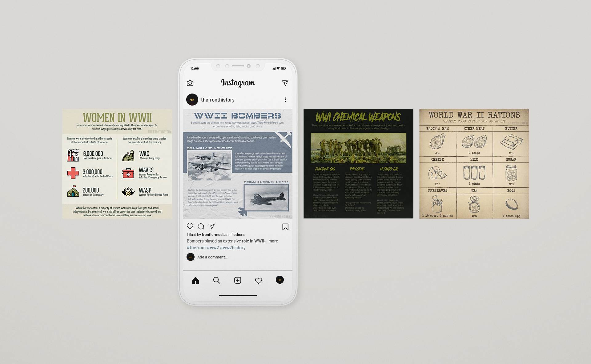 Instagram posts with historical WWI and WWII information.