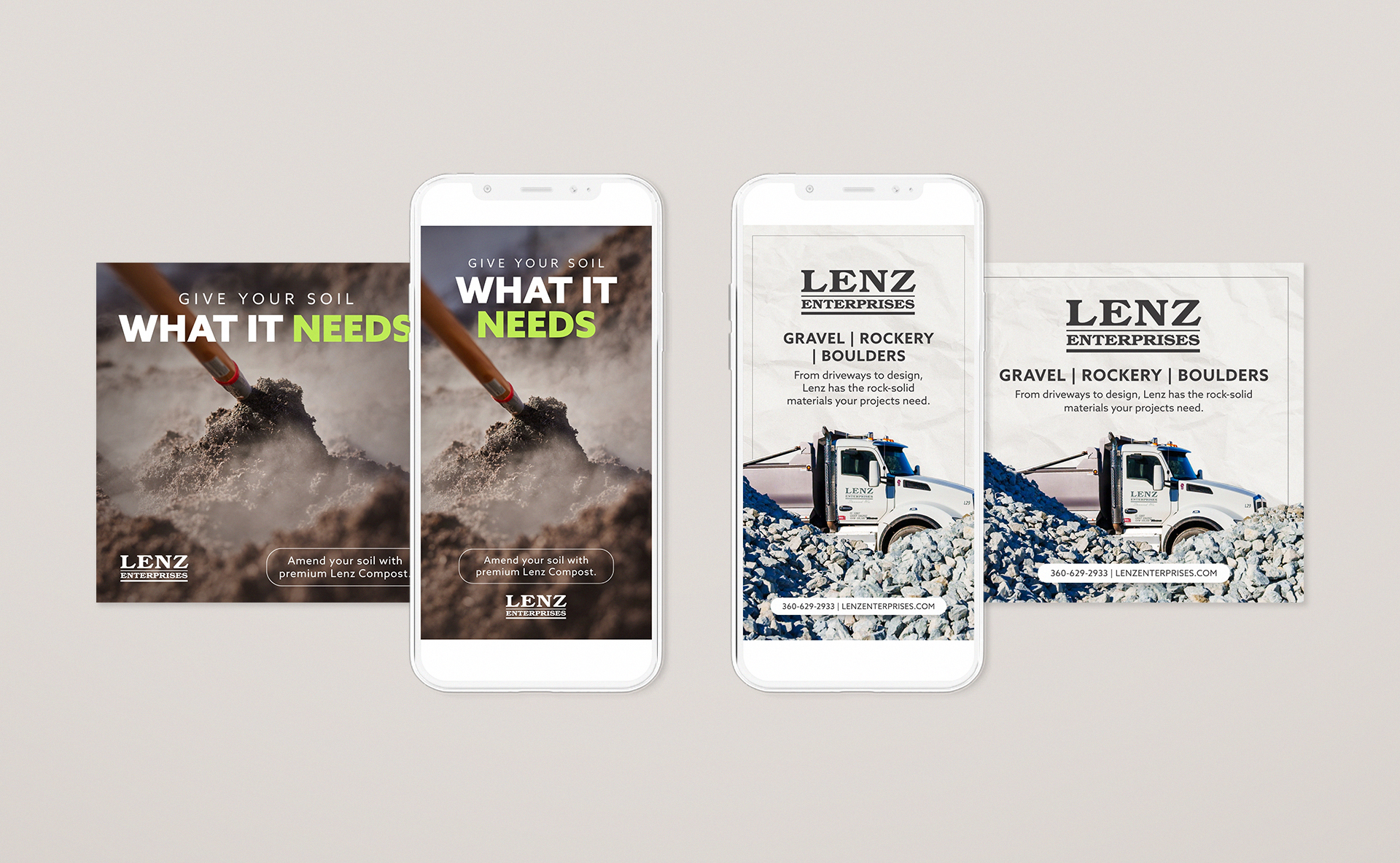 Lenz Enterprises ads promoting landscaping materials in square and vertical formats.