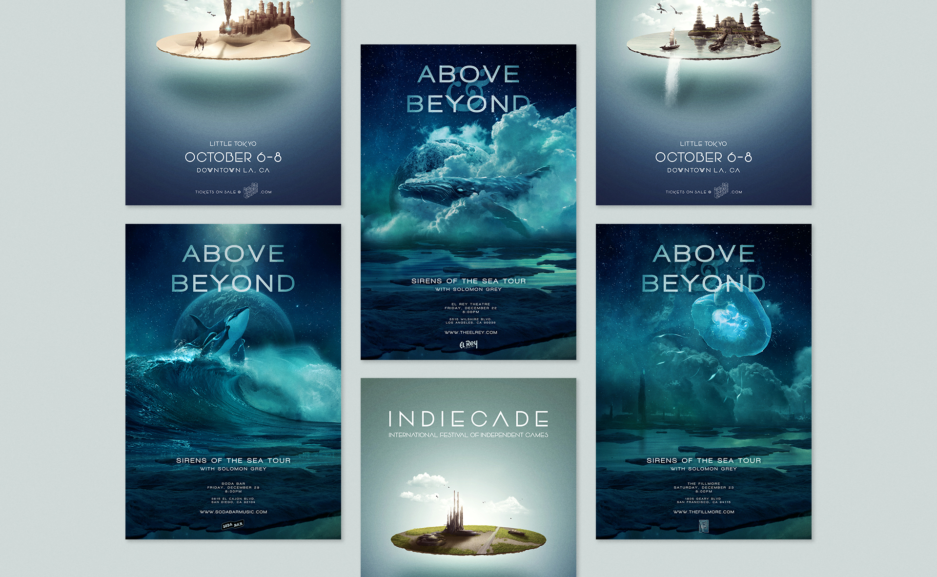 Grid of Above & Beyond and IndieCade posters.