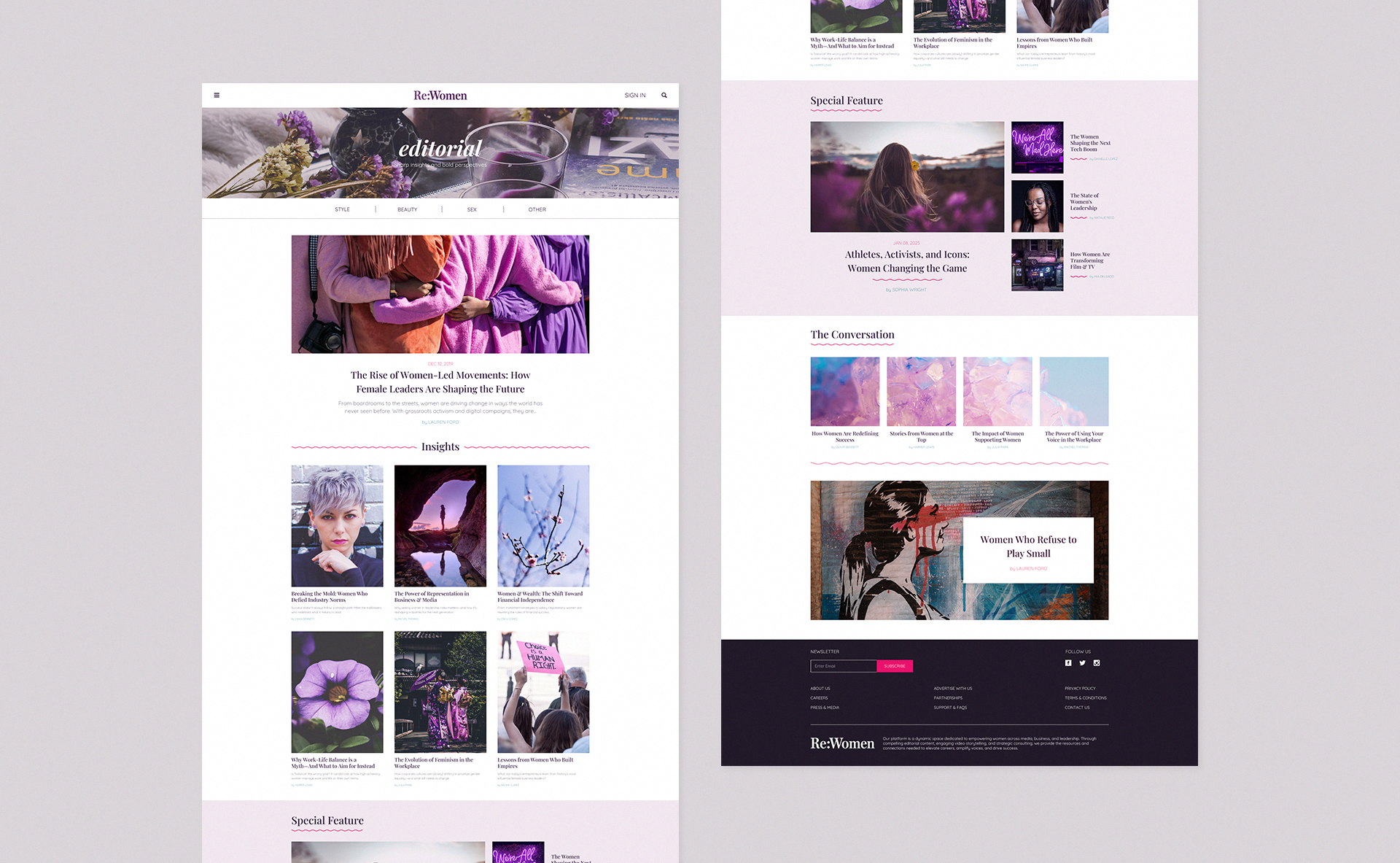 ReWomen website editorial page design.