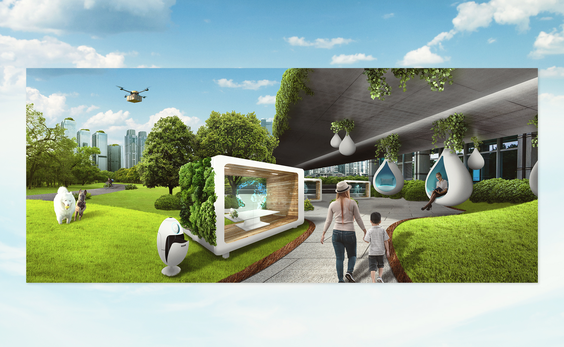 Panoramic utopian city scene with greenery, futuristic architecture, and a clean, sustainable environment.